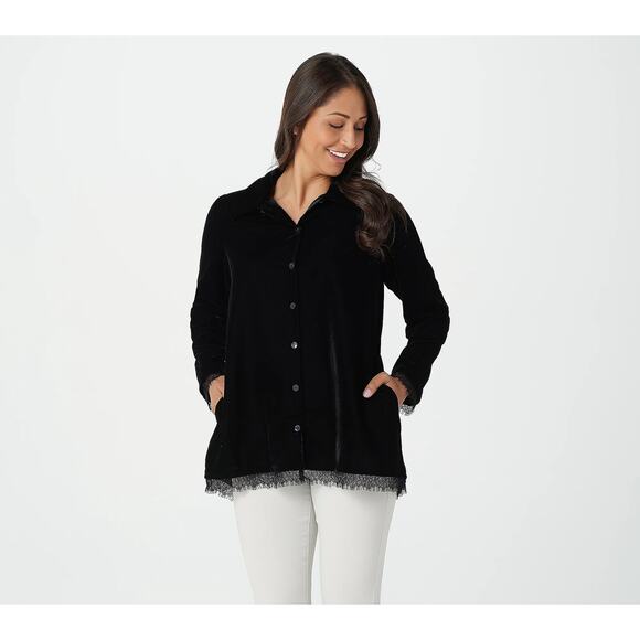 LOGO Lori Goldstein Velvet Button Front Lace Trim Blouse Black Small New - Picture 1 of 7